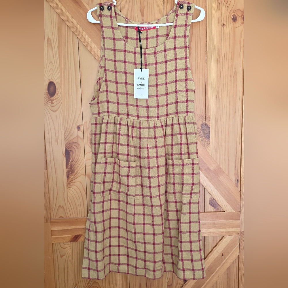Pyne & Smith Model No.32 The Pinafore Dress in Emmeline Check Linen - Small NWT